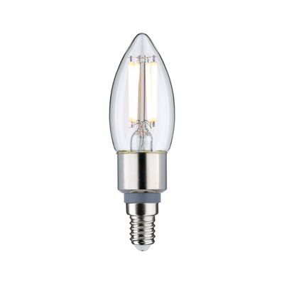 LED candle bulb with clear glass cover and silver base, energy-saving light for home use