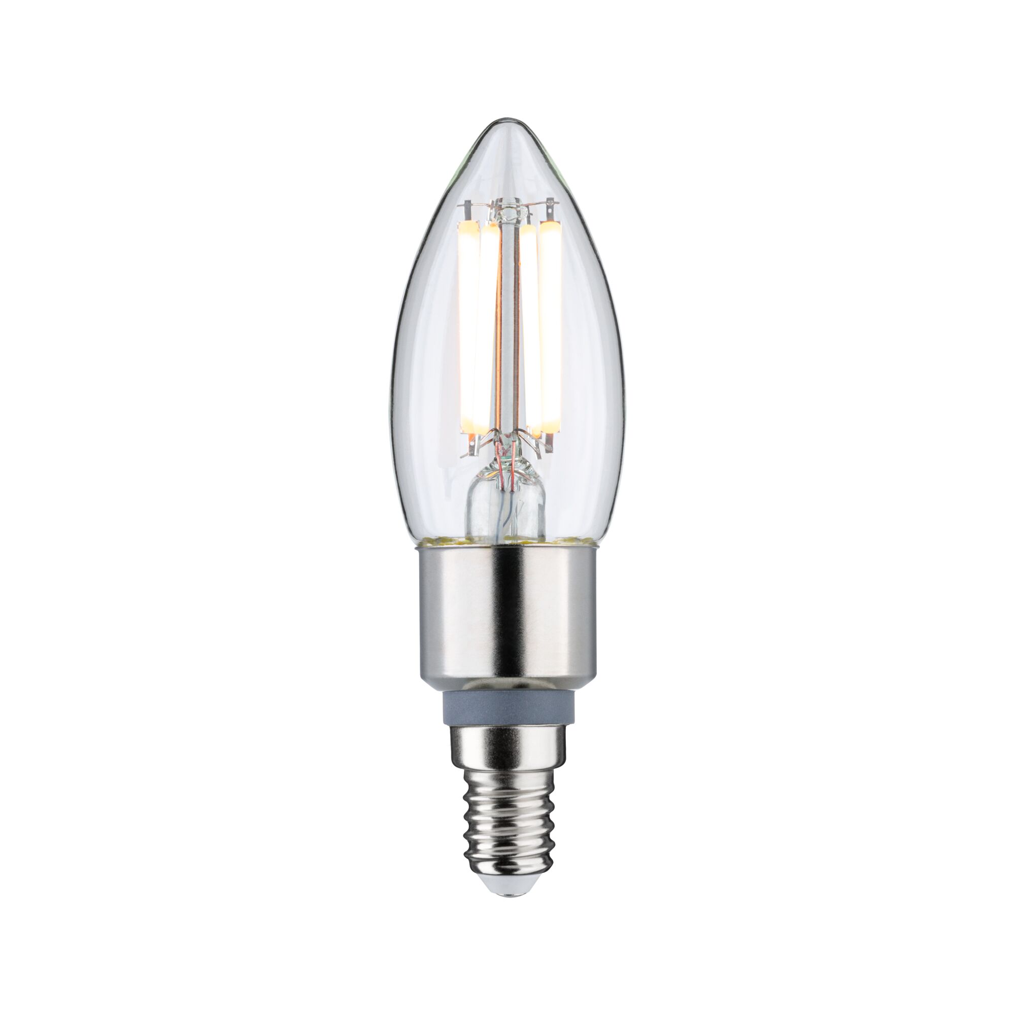 Filament 230V LED Kerze E14 470lm 5W Dim to warm dimmbar Klar LED-Kerzenlampe mit klarer Glasabdeckung und silbernem Sockel, energiesparende Leuchte für Zuhause