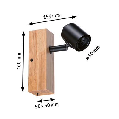 Modern wall light with wooden base and black metal adjustable spotlight, dimensions 160x50x50 mm
