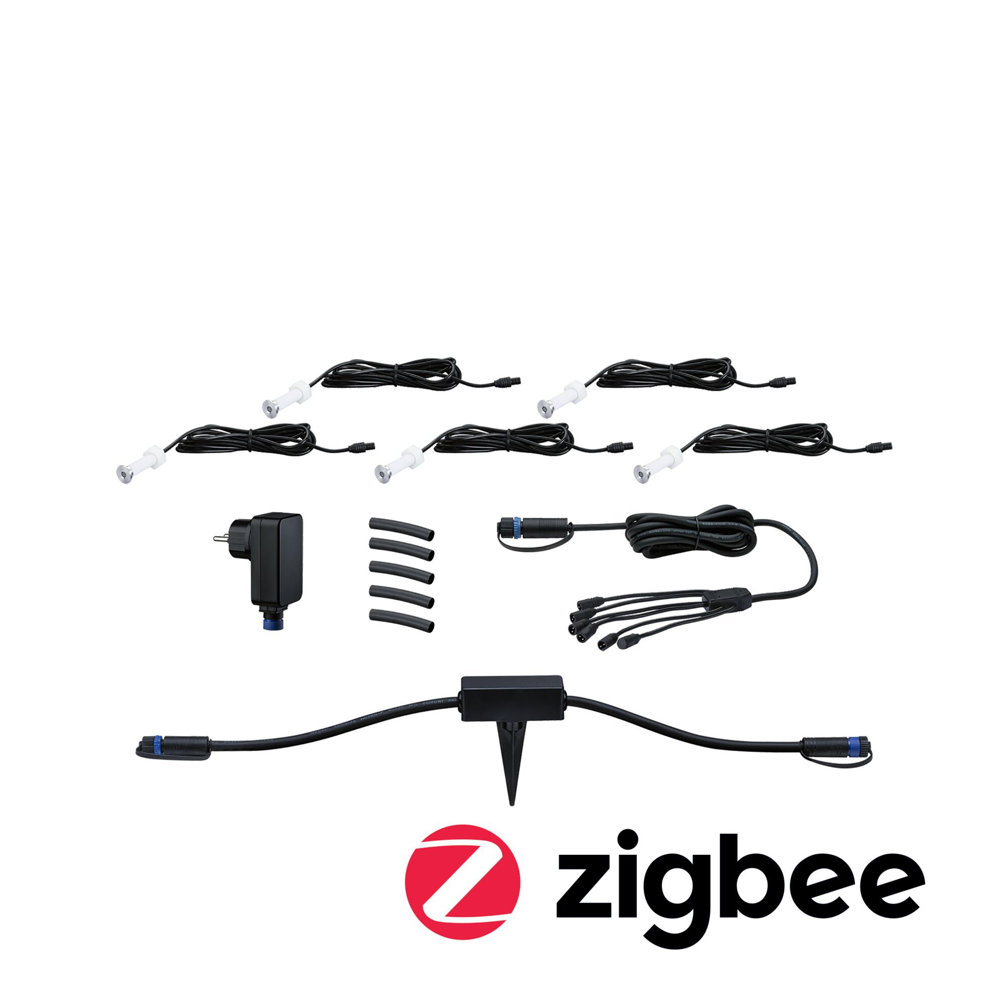 Plug & Shine Set Smart Home Zigbee 3.0 LED Bodeneinbauleuchte MicroPen IP67 3000K 5x0,2W 21VA Silber Smart Home Zigbee Zigbee Beleuchtungsset mit schwarzen Kabeln, Steckern und weißen LED-Spots für smarte Lichtsteuerung