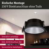 Schwarzer Einbaustrahler mit silbernem Reflektor und vormontierten Haltefedern für 230V Direktanschluss