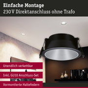 Schwarzer Einbaustrahler mit GU10 Anschluss-Set und vormontierten Haltefedern für 230V Direktanschluss