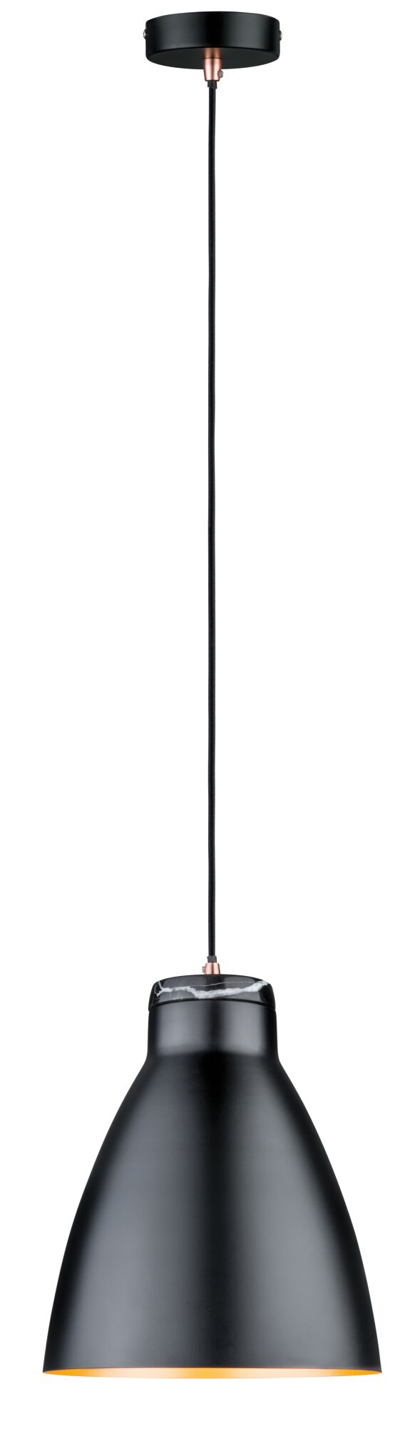 Suspension noire en métal avec détail en marbre et câble textile pour éclairage moderne