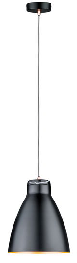 Schwarze Pendelleuchte aus Metall mit Marmor-Detail und Textilkabel für moderne Wohnräume