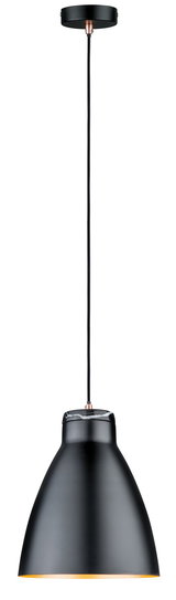 Schwarze Pendelleuchte aus Metall mit Marmor-Detail und Textilkabel für moderne Wohnräume