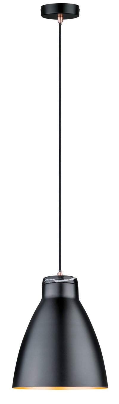 Schwarze Pendelleuchte aus Metall mit Marmor-Detail und Textilkabel für moderne Wohnräume