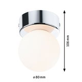 Round ceiling light with white glass and chrome metal mount, 80 mm diameter, 106 mm height