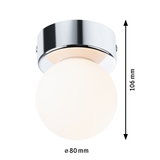Rund loftlampe med hvidt glas og krommet metalbeslag, 80 mm diameter, 106 mm høj