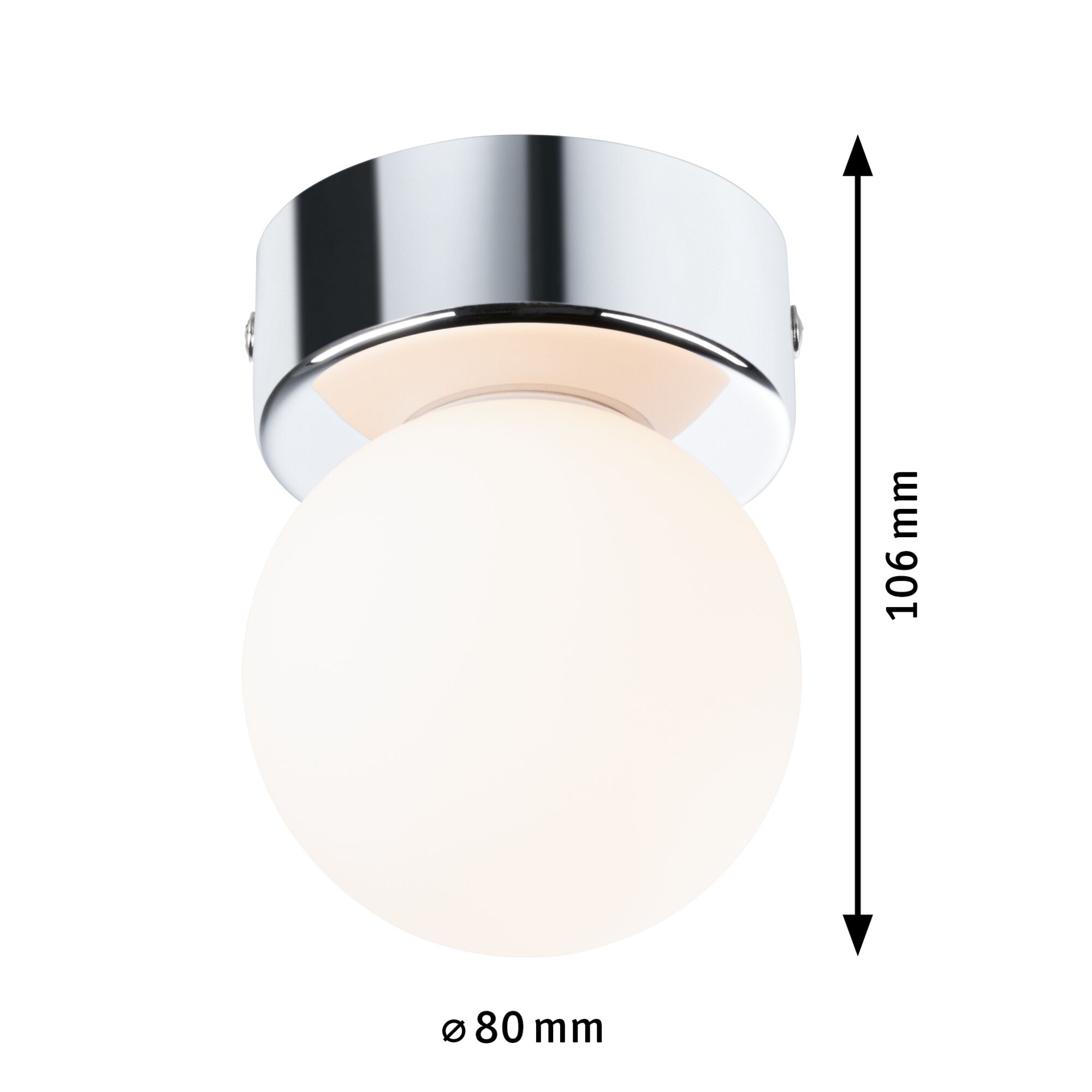 Round ceiling light with white glass and chrome metal mount, 80 mm diameter, 106 mm height