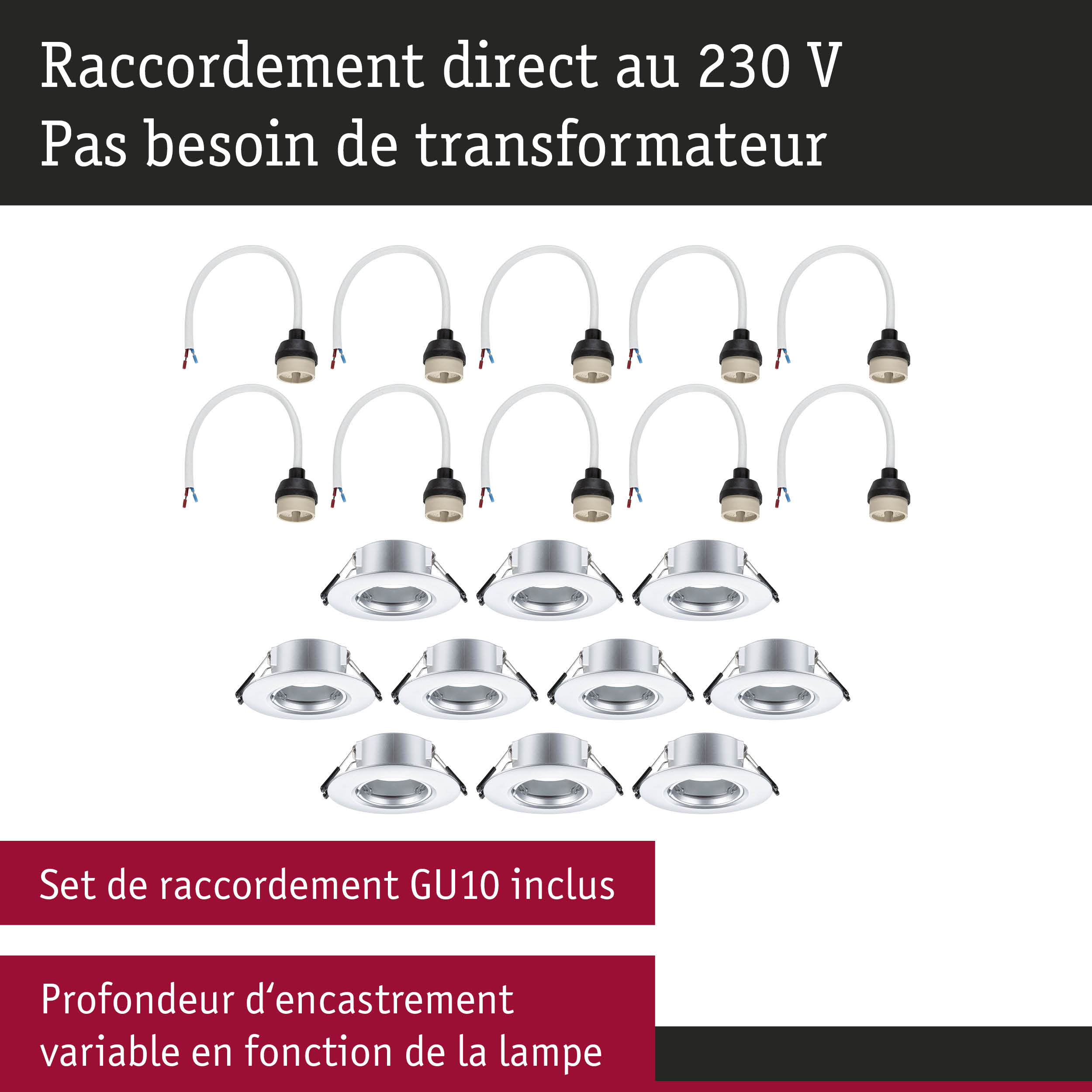 Set de raccordement GU10 avec spots encastrés argentés à profondeur variable pour connexion 230V
