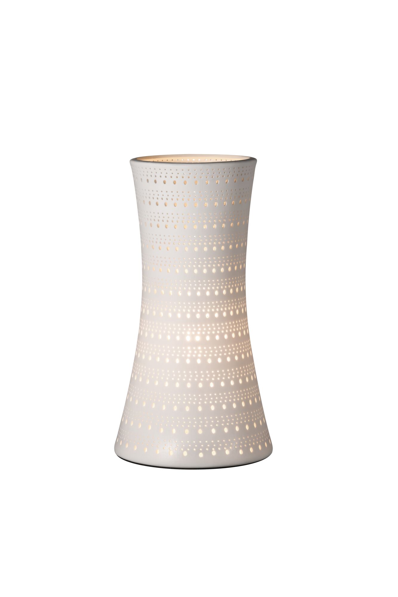 Lampe de table en céramique blanche avec motifs perforés fins et lumière chaude pour éclairage d'ambiance