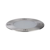 Round stainless steel recessed light housing with frosted glass cover and four screws for outdoor lighting