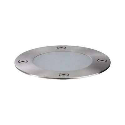 Round stainless steel recessed light housing with frosted glass cover and four screws for outdoor lighting