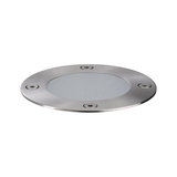 Round stainless steel recessed light housing with frosted glass cover and four screws for outdoor lighting