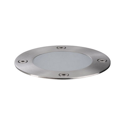 Round stainless steel recessed light housing with frosted glass cover and four screws for outdoor lighting