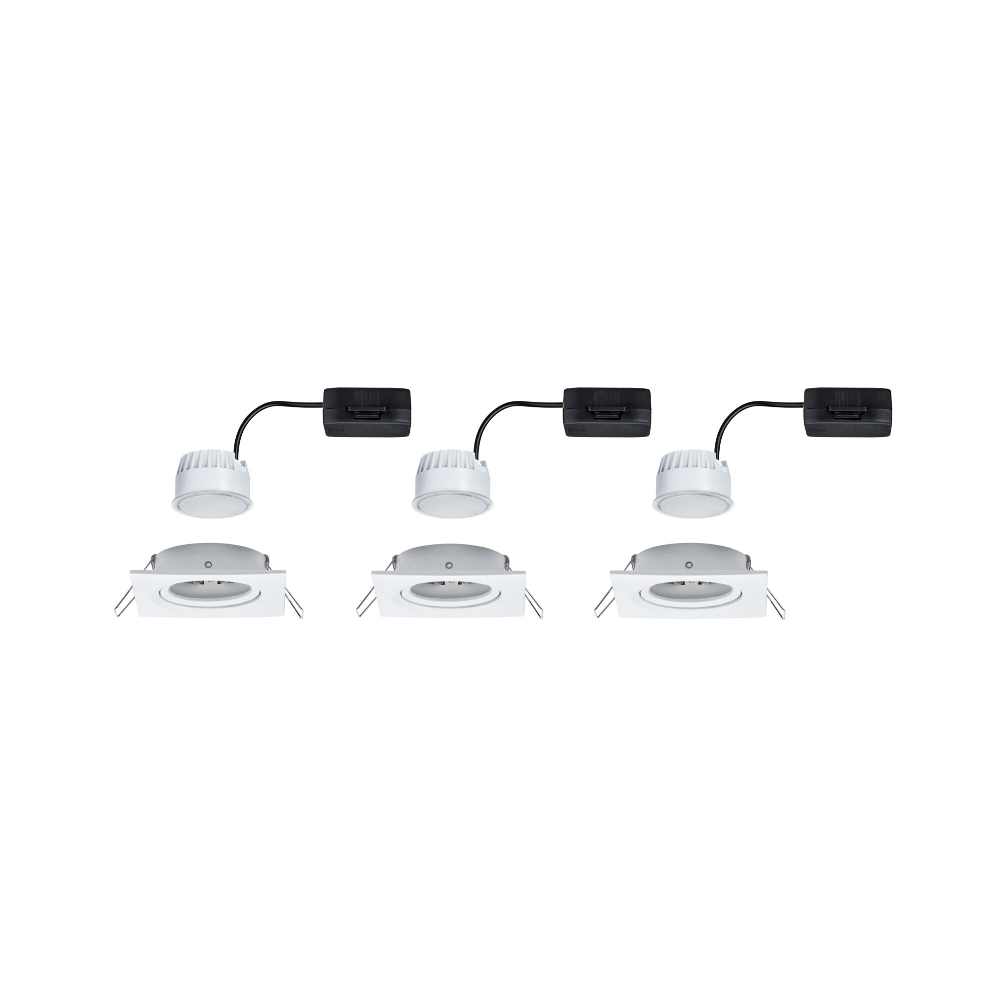 Three white LED recessed spotlights with square frame and black driver for modern interior lighting
