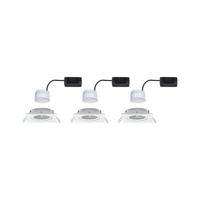 Three white LED recessed spotlights with square frame and black driver for modern interior lighting