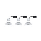 Three white LED recessed spotlights with square frame and black driver for modern interior lighting