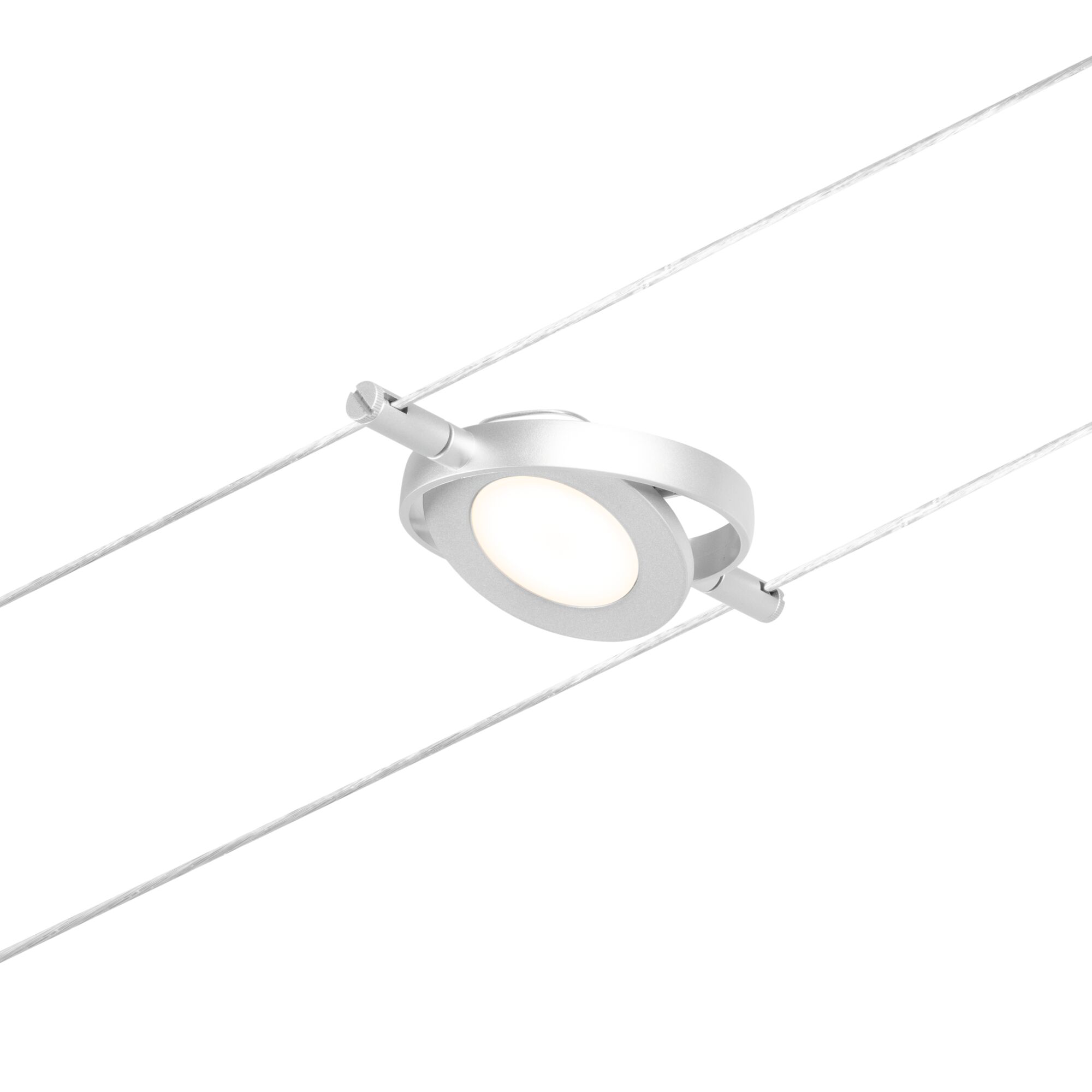 Moderner Seilstrahler aus silbernem Metall mit rundem LED-Leuchtmittel für flexible Beleuchtung