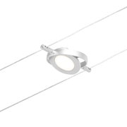 Moderner Seilstrahler aus silbernem Metall mit rundem LED-Leuchtmittel für flexible Beleuchtung