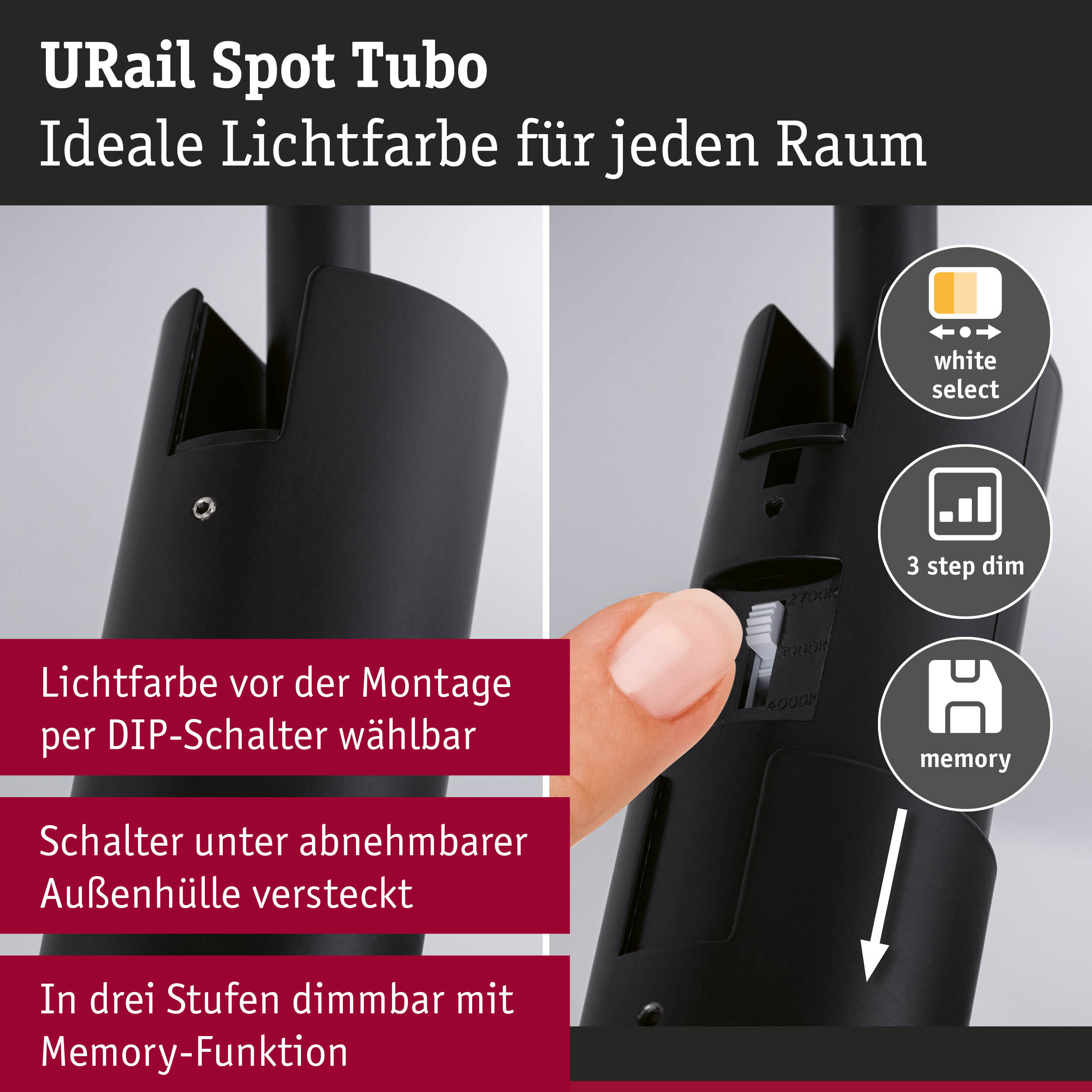 Schwarzer URail Spot Tubo mit einstellbarer Lichtfarbe und 3-Stufen-Dimmer für flexible Raumbeleuchtung