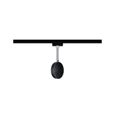 Black round metal LED spotlight on black track for modern indoor lighting solutions