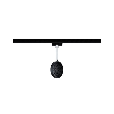 Black round metal LED spotlight on black track for modern indoor lighting solutions