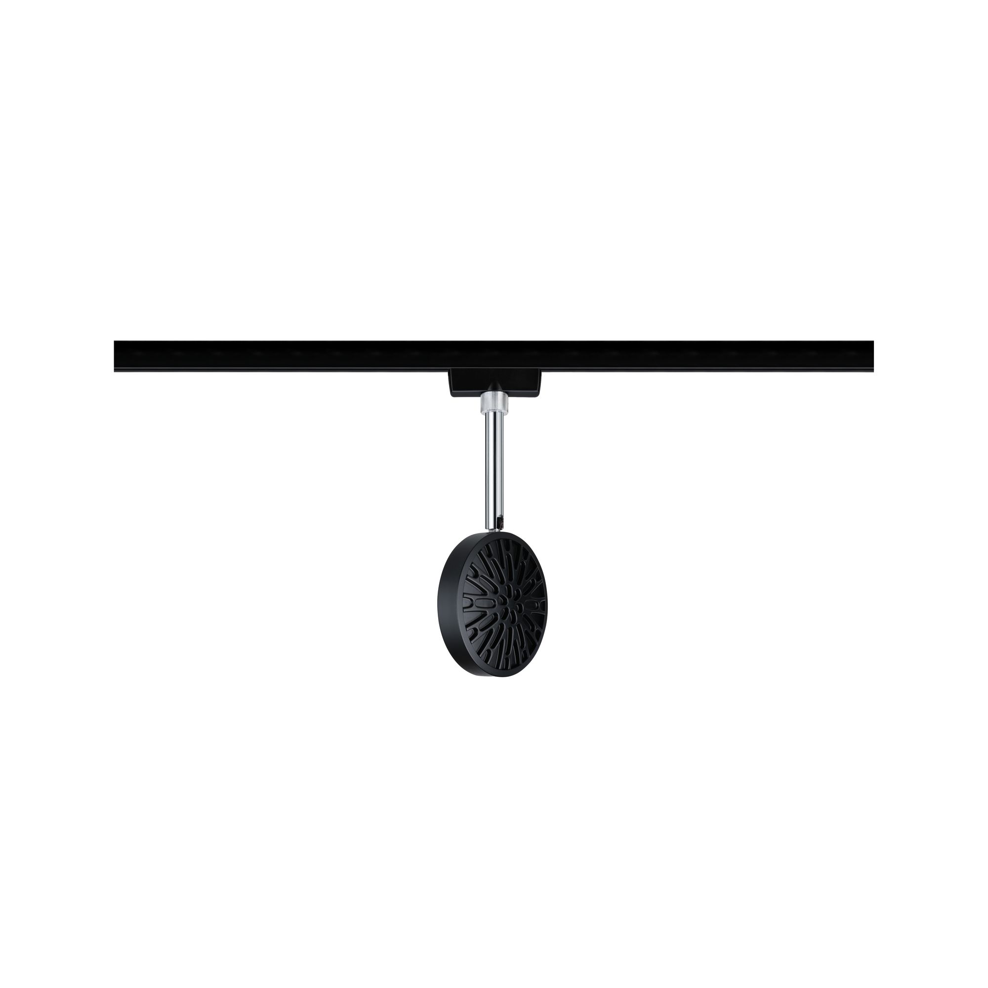 Black LED track light with round spotlight and chrome rod for modern indoor lighting solutions