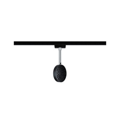 Black LED track light with round spotlight and chrome rod for modern indoor lighting solutions