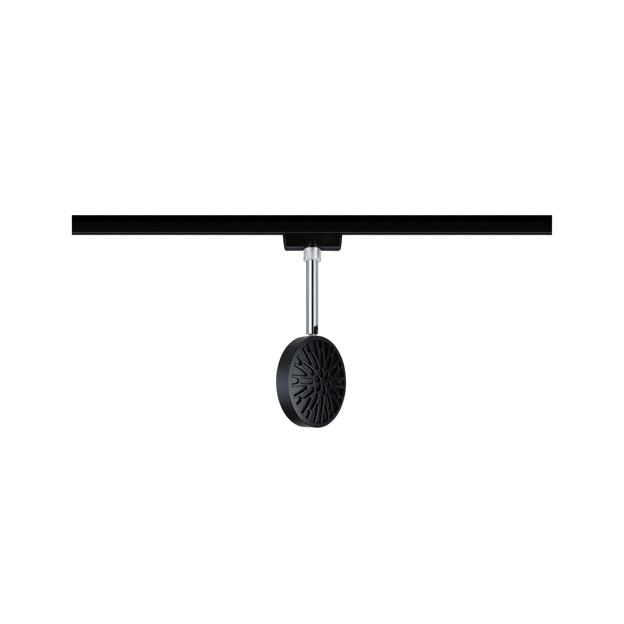 Black LED track light with round spotlight and adjustable chrome arm for modern lighting solutions