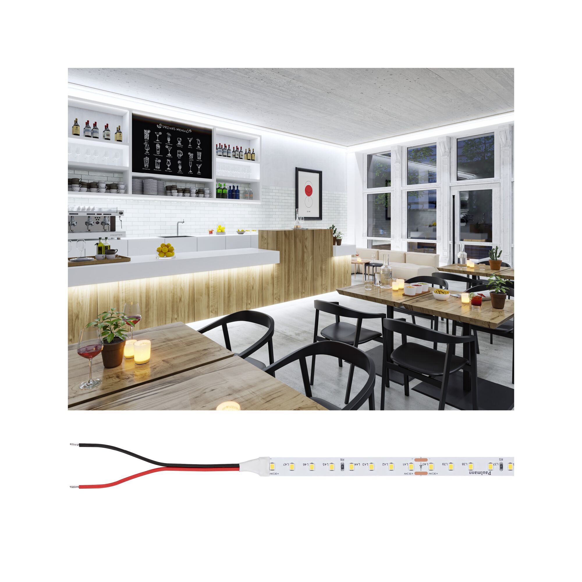 Pro Strip LED Strip Silver P75 840 5m 23W 750lm/m 96 LEDs/m 4000K LED strip light with warm white glow in modern bar setting with wooden counter and black chairs