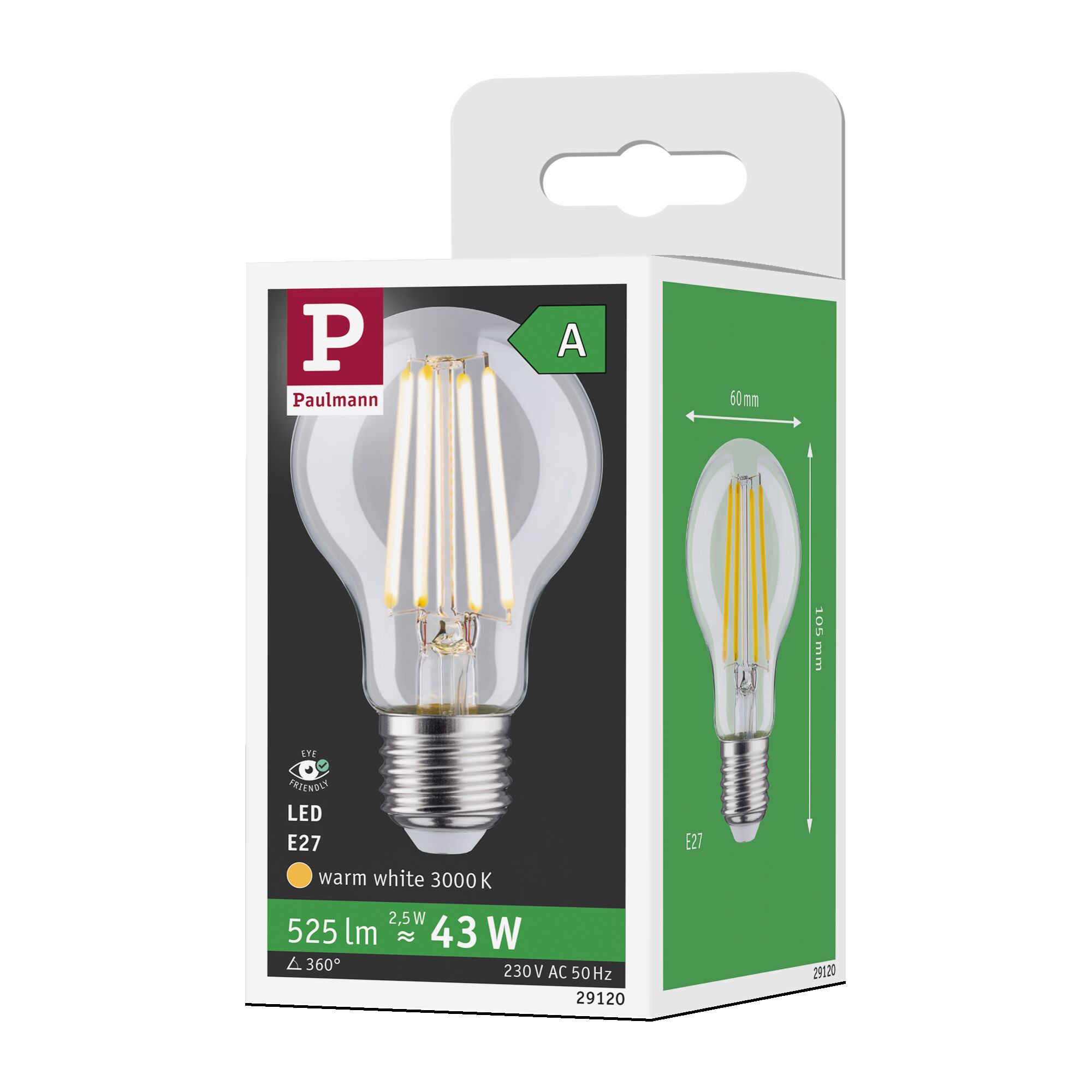 LED-Lampe E27 mit warmweißem Licht 3000K, 525 Lumen, 2,5W ersetzt 43W Glühbirne, energiesparend