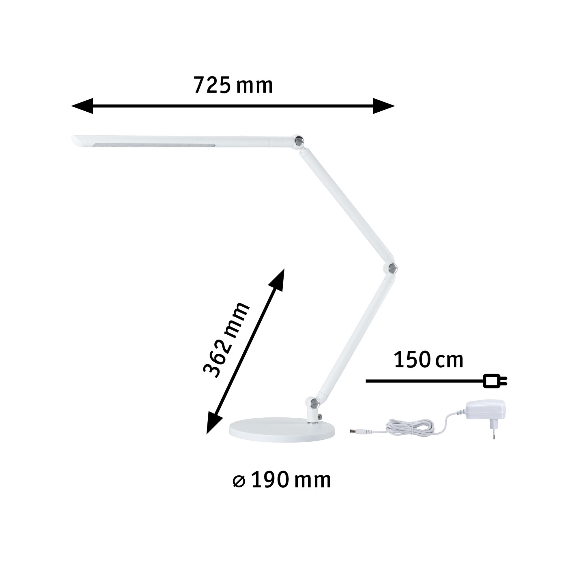 White LED desk lamp with adjustable arm and 150 cm cable for modern workspace lighting