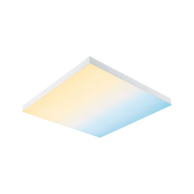 Square LED ceiling light with white frame and adjustable color temperature from warm to cool white.