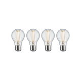 Four clear LED filament bulbs with E27 base for energy-efficient lighting solutions
