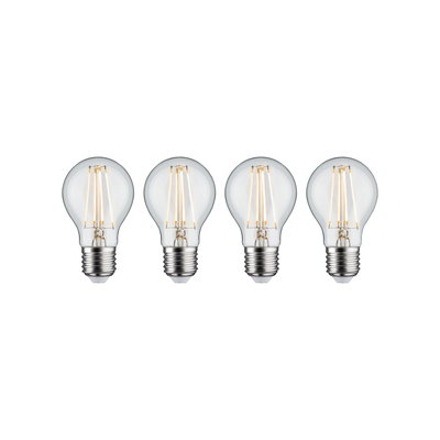 Four clear LED filament bulbs with E27 base for energy-efficient lighting solutions