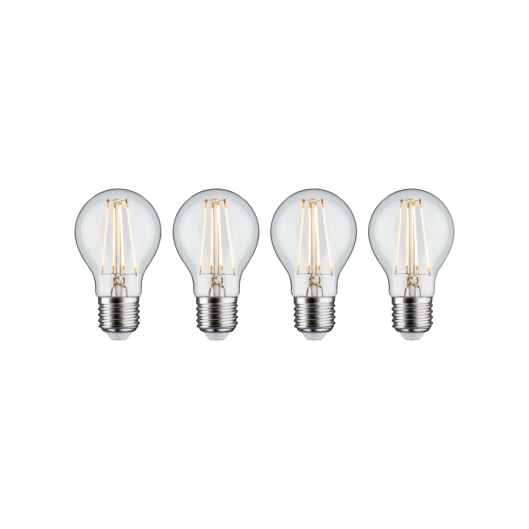 Vier klare LED-Glühbirnen mit sichtbaren Filamenten und E27-Fassung für energiesparende Beleuchtung