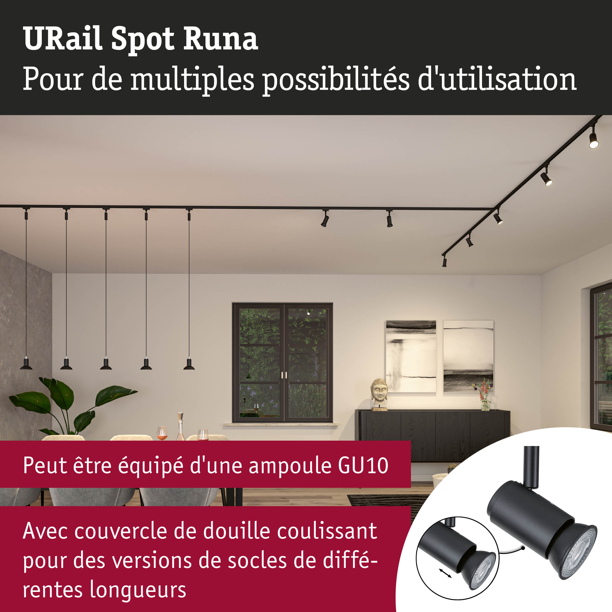 Spot URail Runa noir en métal avec douille GU10 pour éclairage polyvalent
