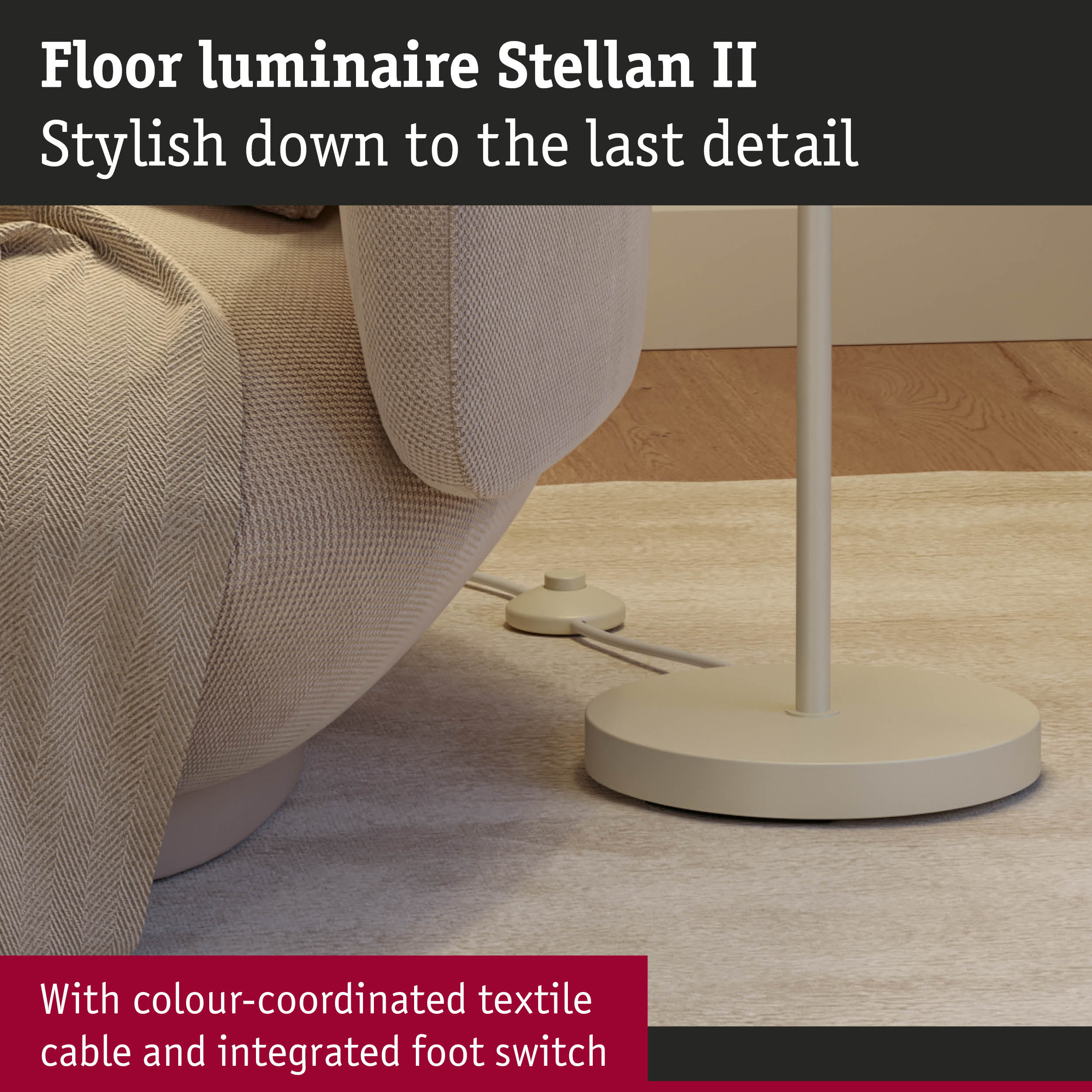 Beige Stellan II floor lamp with colour-coordinated textile cable and integrated foot switch for living rooms