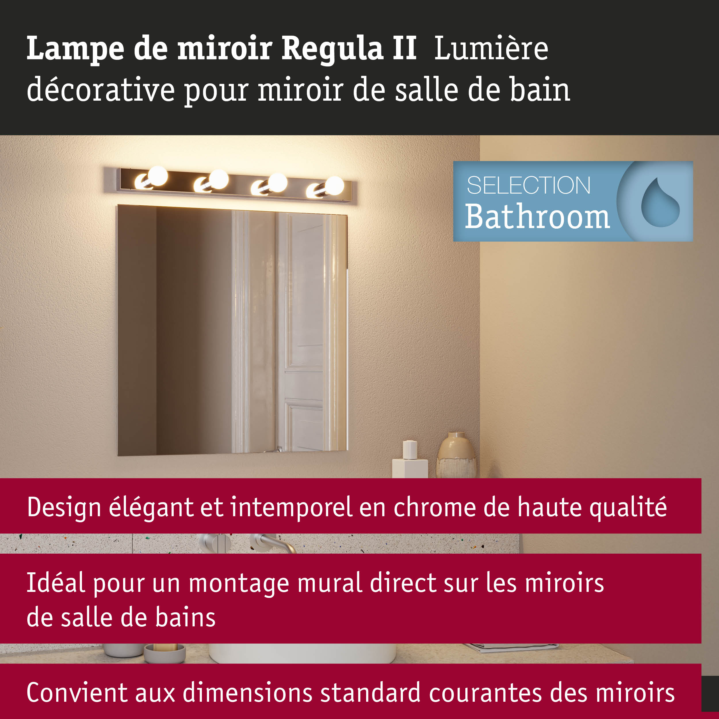 Kit Éclairage de miroir Regula II ampoules incluses 4-flammes IP44 E14 2700K 4x470lm 230V 4x4,5W gradable Chrome/Opale