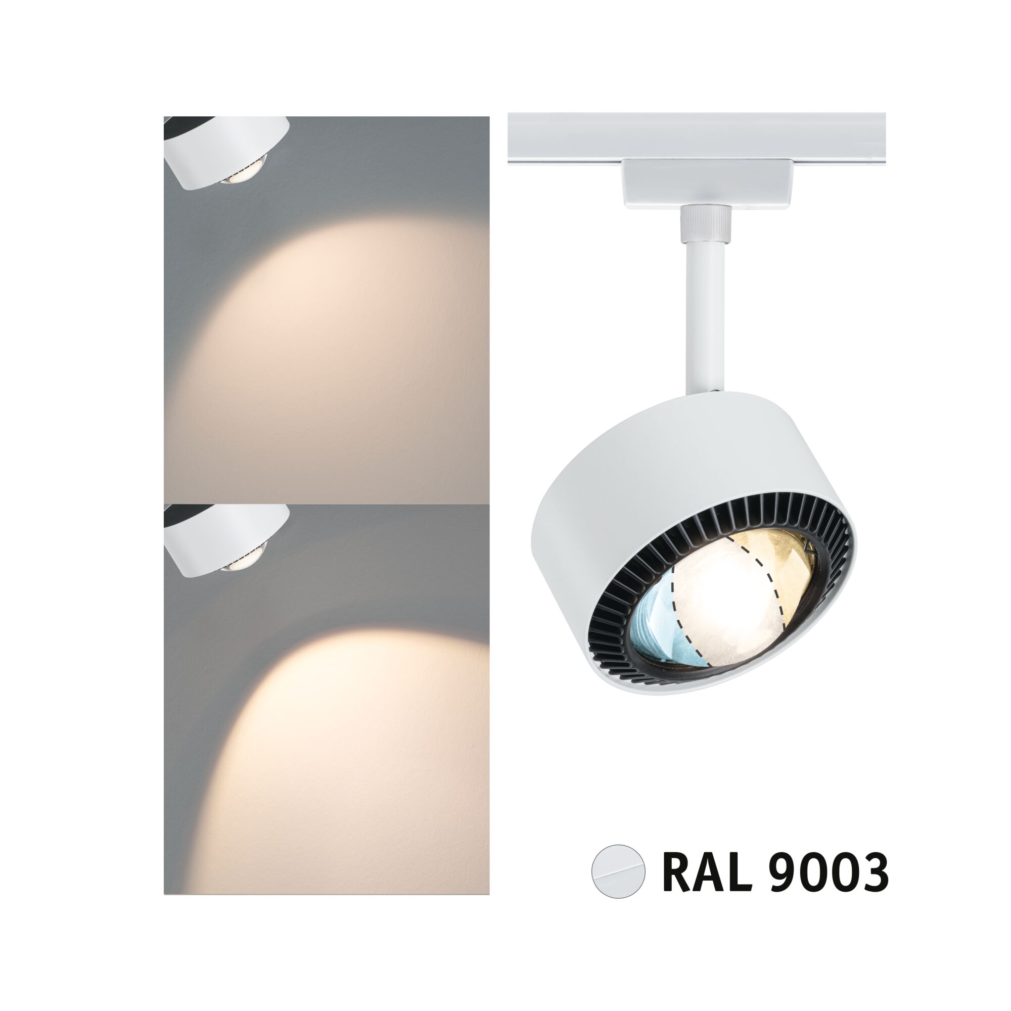 Weißer LED-Strahler aus Metall mit schwenkbarem Kopf und warmweißem Licht für Schienensysteme.