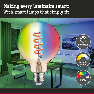 Colourful LED bulb with spiral filament, dimmable and tunable white for smart home lighting solutions