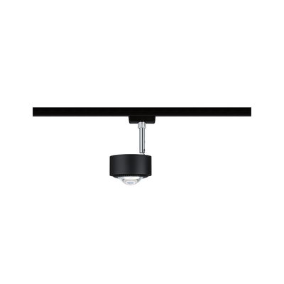 Schwarzer LED-Spot aus Metall an Schienensystem für flexible Raumbeleuchtung und Akzente.