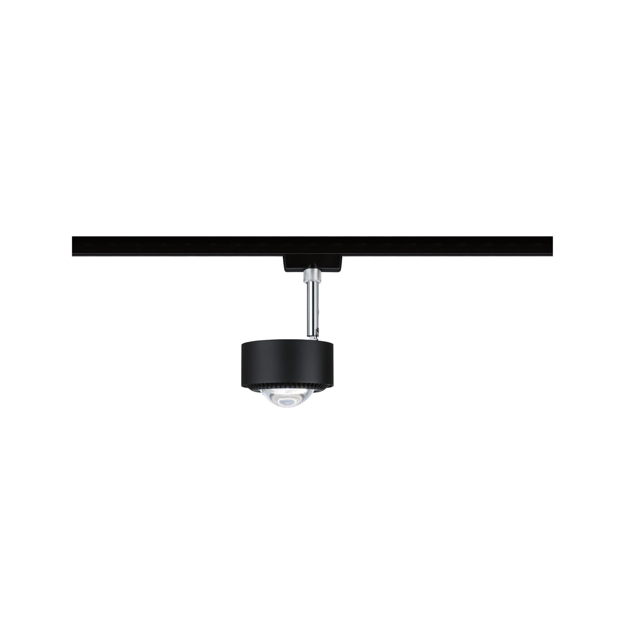 Schwarzer LED-Spot aus Metall an Schienensystem für flexible Raumbeleuchtung und Akzente.