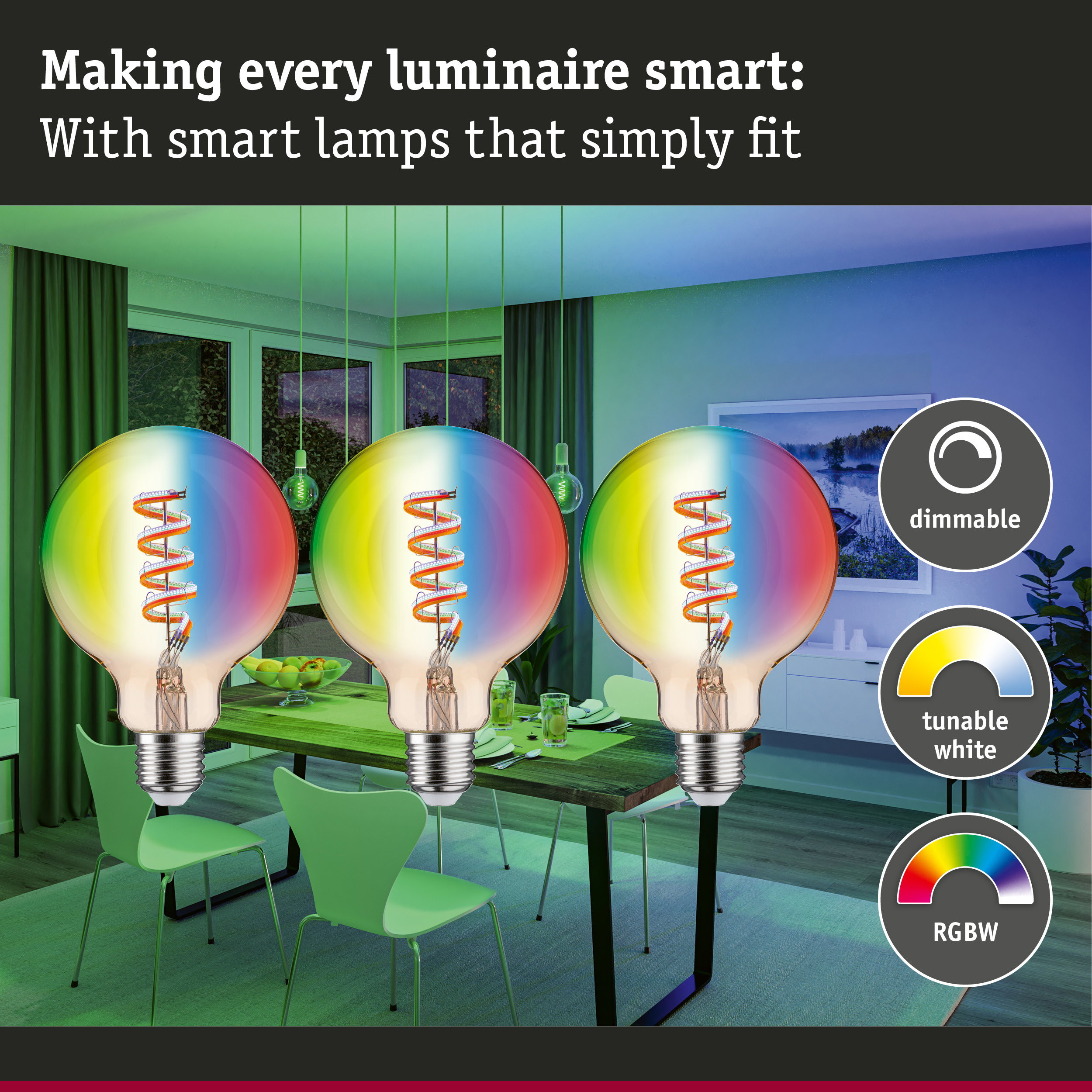 Colourful dimmable RGBW LED bulbs with tunable white light for smart home lighting solutions