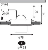 Technische Zeichnung eines Einbau-LED-Strahlers mit 78 mm Durchmesser und 230V Anschluss.