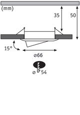 Schéma technique d'un spot encastré de 66 mm de diamètre avec inclinaison de 15 degrés, dimensions en mm.