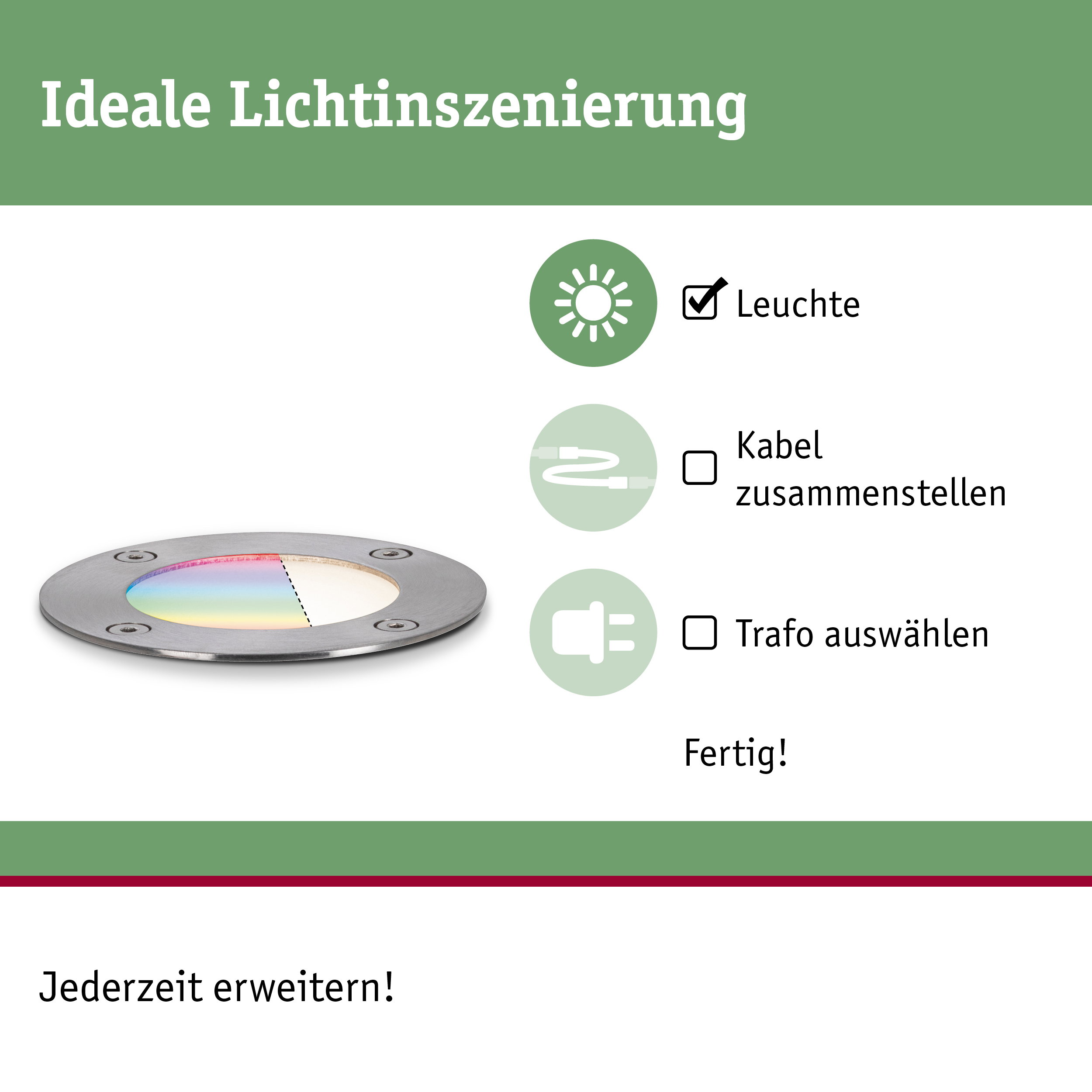 Rundes Edelstahl-Einbauleuchte mit farbwechselndem Glas für flexible Lichtinszenierung
