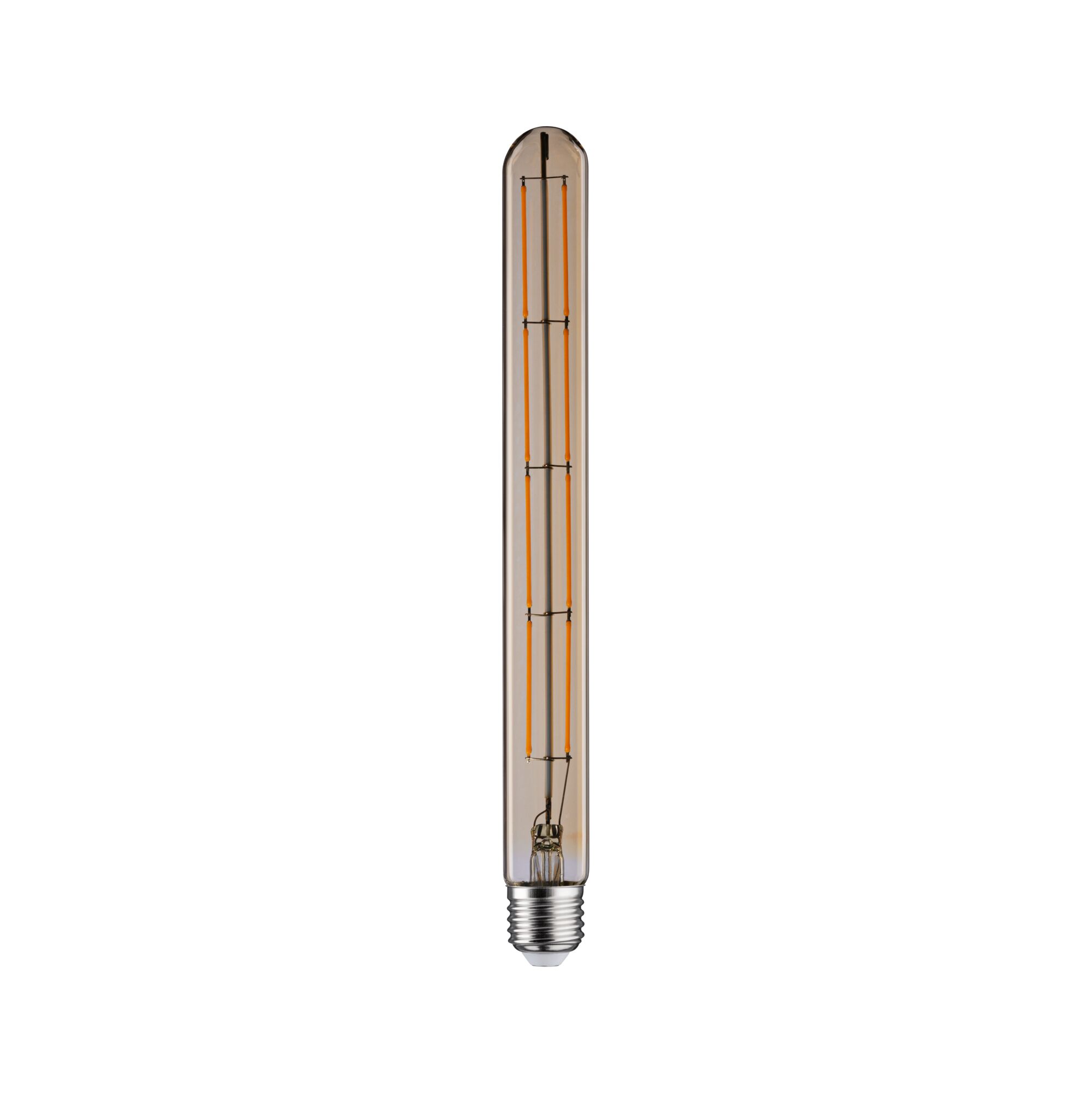 Long amber LED filament bulb with E27 base for decorative lighting and vintage style