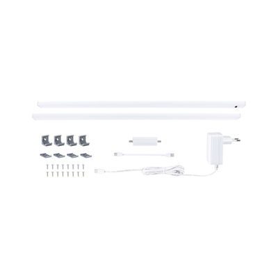 White LED under-cabinet lighting set with two bars, power supply, connectors, and mounting hardware for kitchen lighting